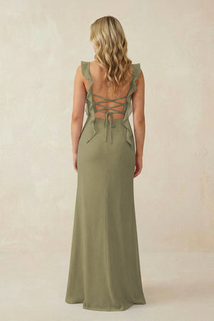 Thyme Ruffled Sleeve Ruched Sheath Chiffon Bridesmaid Dress (2) | KISSBRIDAL