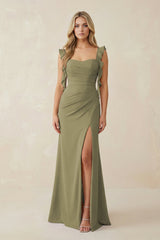 Thyme Ruffled Sleeve Ruched Sheath Chiffon Bridesmaid Dress | KISSBRIDAL