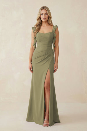 Thyme Ruffled Sleeve Ruched Sheath Chiffon Bridesmaid Dress | KISSBRIDAL