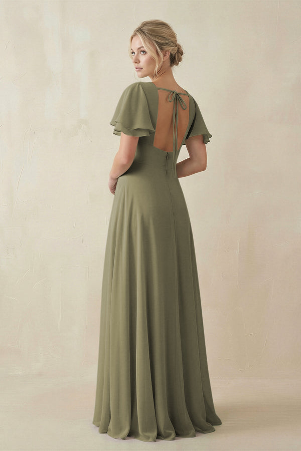 Thyme V-Neck Ruffled Short Sleeves A-Line Bridesmaid Dress (2) | KISSBRIDAL