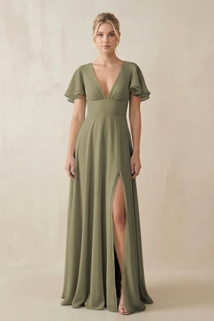 Thyme V-Neck Ruffled Short Sleeves A-Line Bridesmaid Dress | KISSBRIDAL