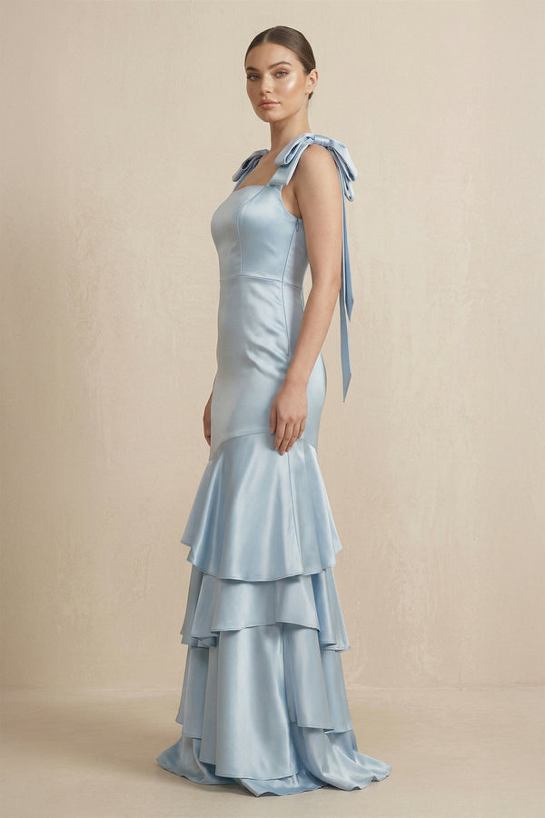 Tiered Maxi Satin Bridesmaid Dress with Bow Straps - KISS BRIDAL Bridesmaid Dresses