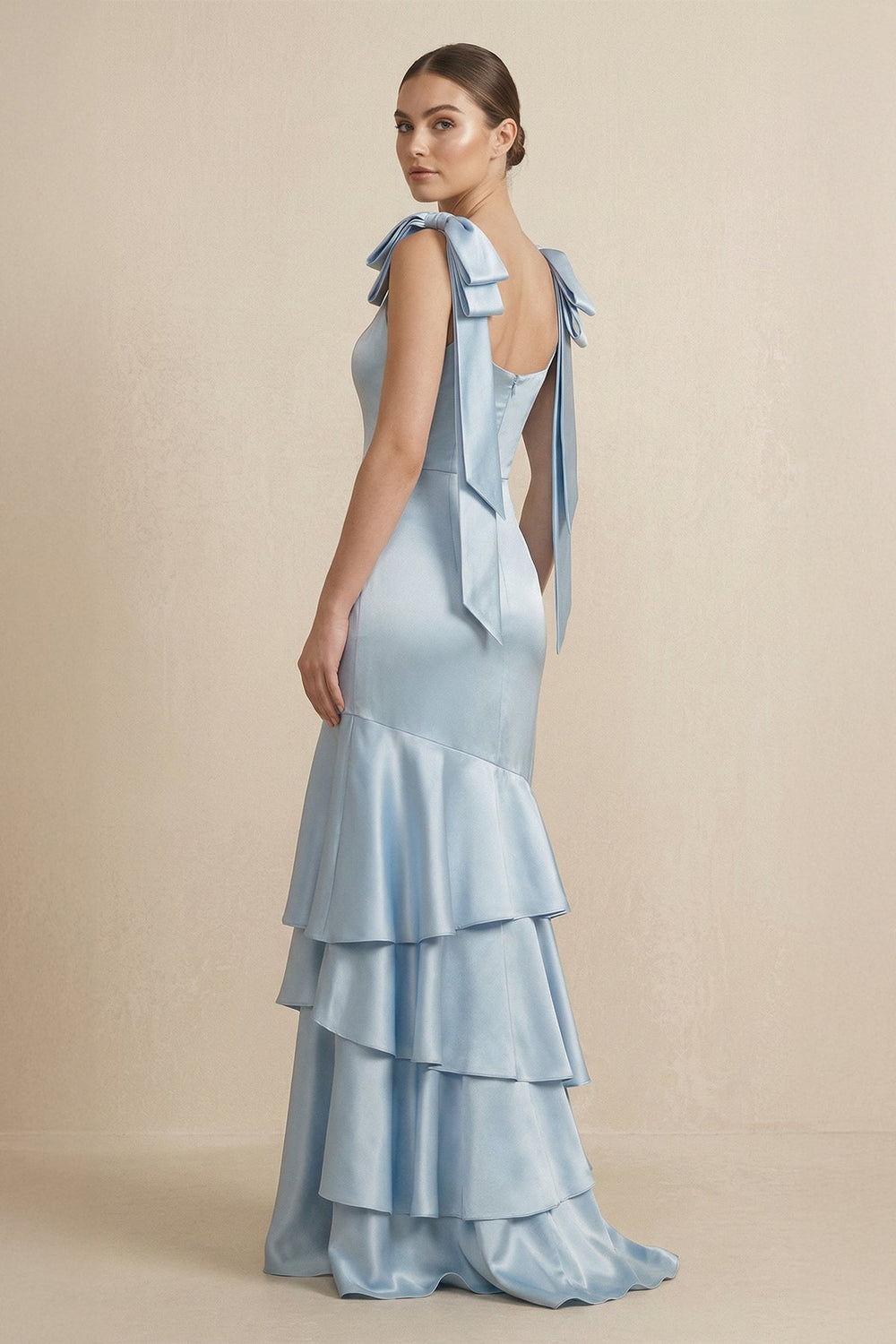 Tiered Maxi Satin Bridesmaid Dress with Bow Straps in Ice
