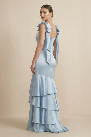 Tiered Maxi Satin Bridesmaid Dress with Bow Straps - KISS BRIDAL Bridesmaid Dresses