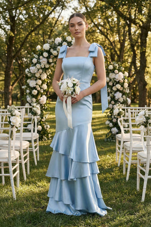 Tiered Maxi Satin Bridesmaid Dress with Bow Straps - KISS BRIDAL Bridesmaid Dresses