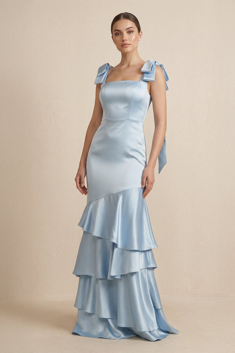 Tiered Maxi Satin Bridesmaid Dress with Bow Straps in Ice