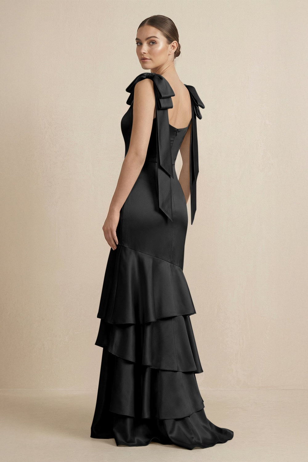 Tiered Maxi Satin Bridesmaid Dress with Bow Straps in Black