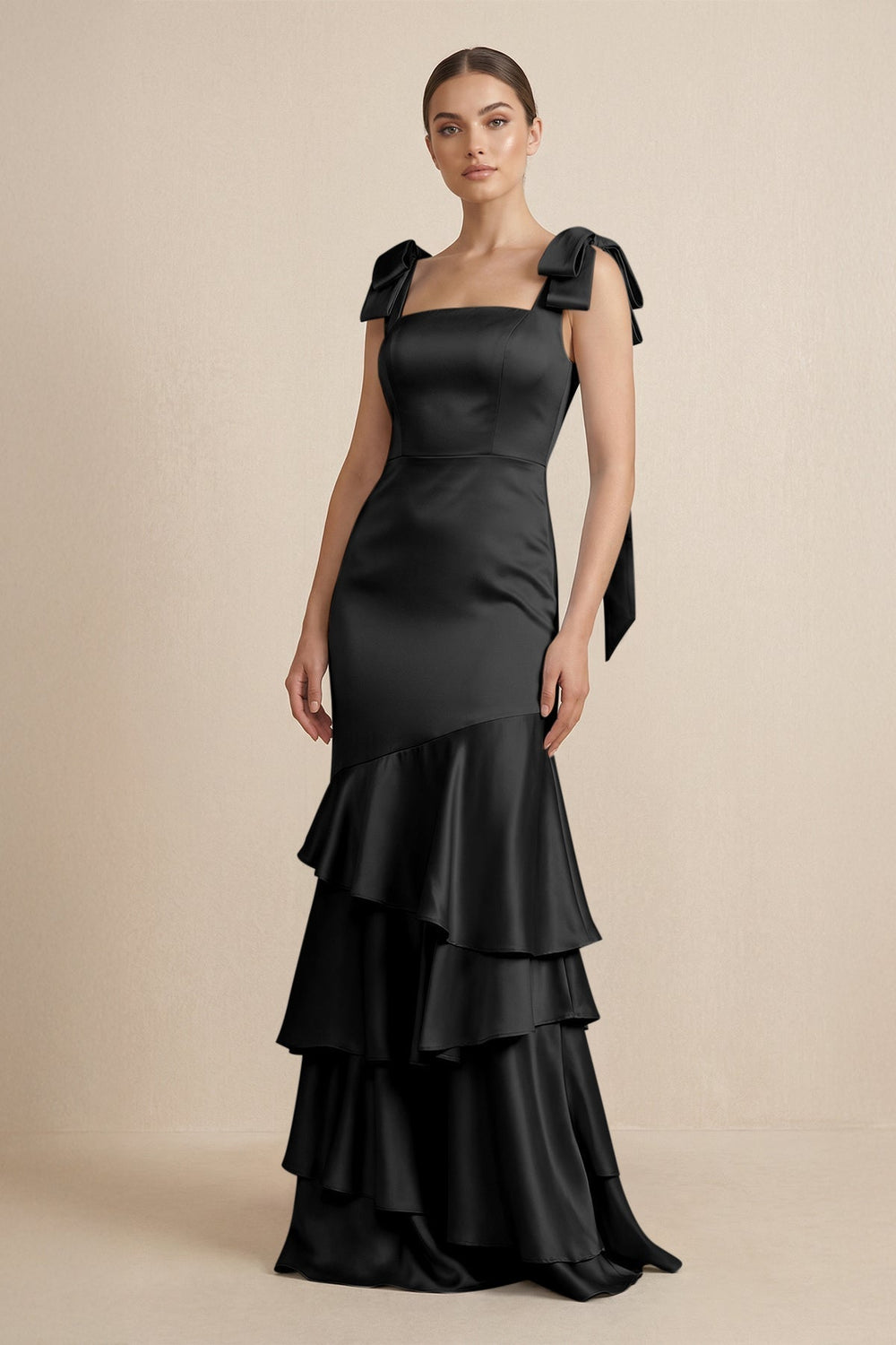 Tiered Maxi Satin Bridesmaid Dress with Bow Straps in Black