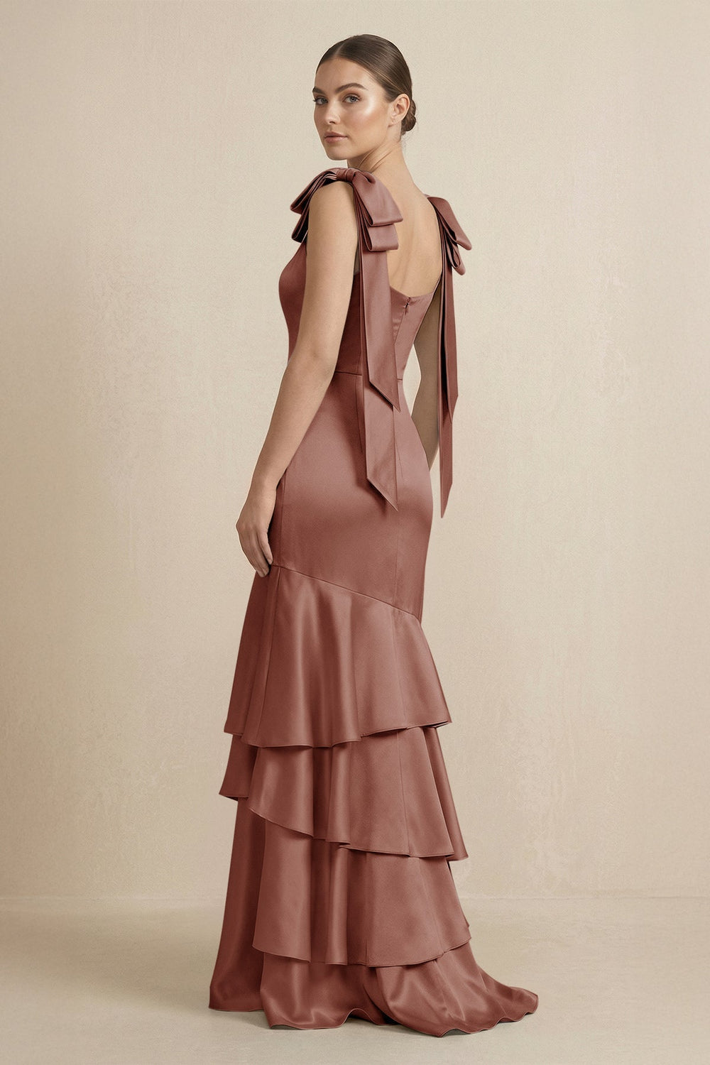 Tiered Maxi Satin Bridesmaid Dress with Bow Straps in Brown