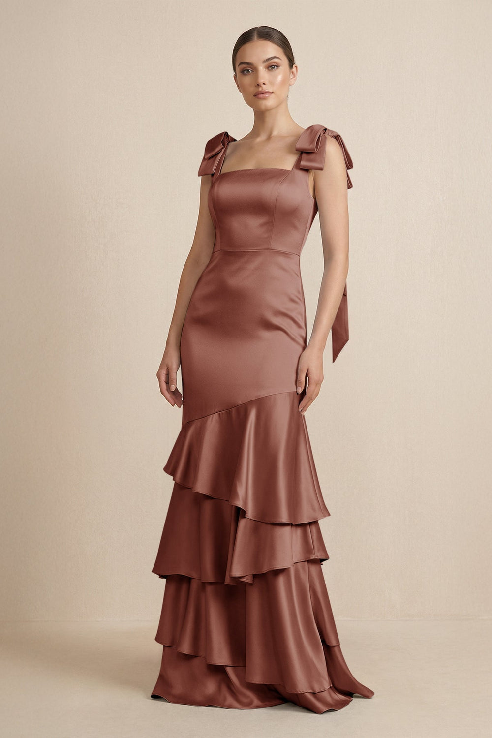 Tiered Maxi Satin Bridesmaid Dress with Bow Straps in Brown
