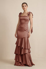 Tiered Maxi Satin Bridesmaid Dress with Bow Straps in Brown - KISS BRIDAL Bridesmaid Dresses