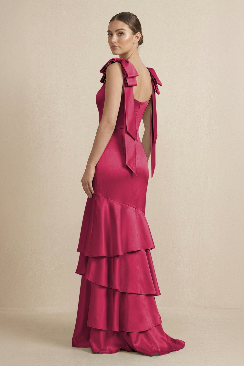 Tiered Maxi Satin Bridesmaid Dress with Bow Straps in Burgundy