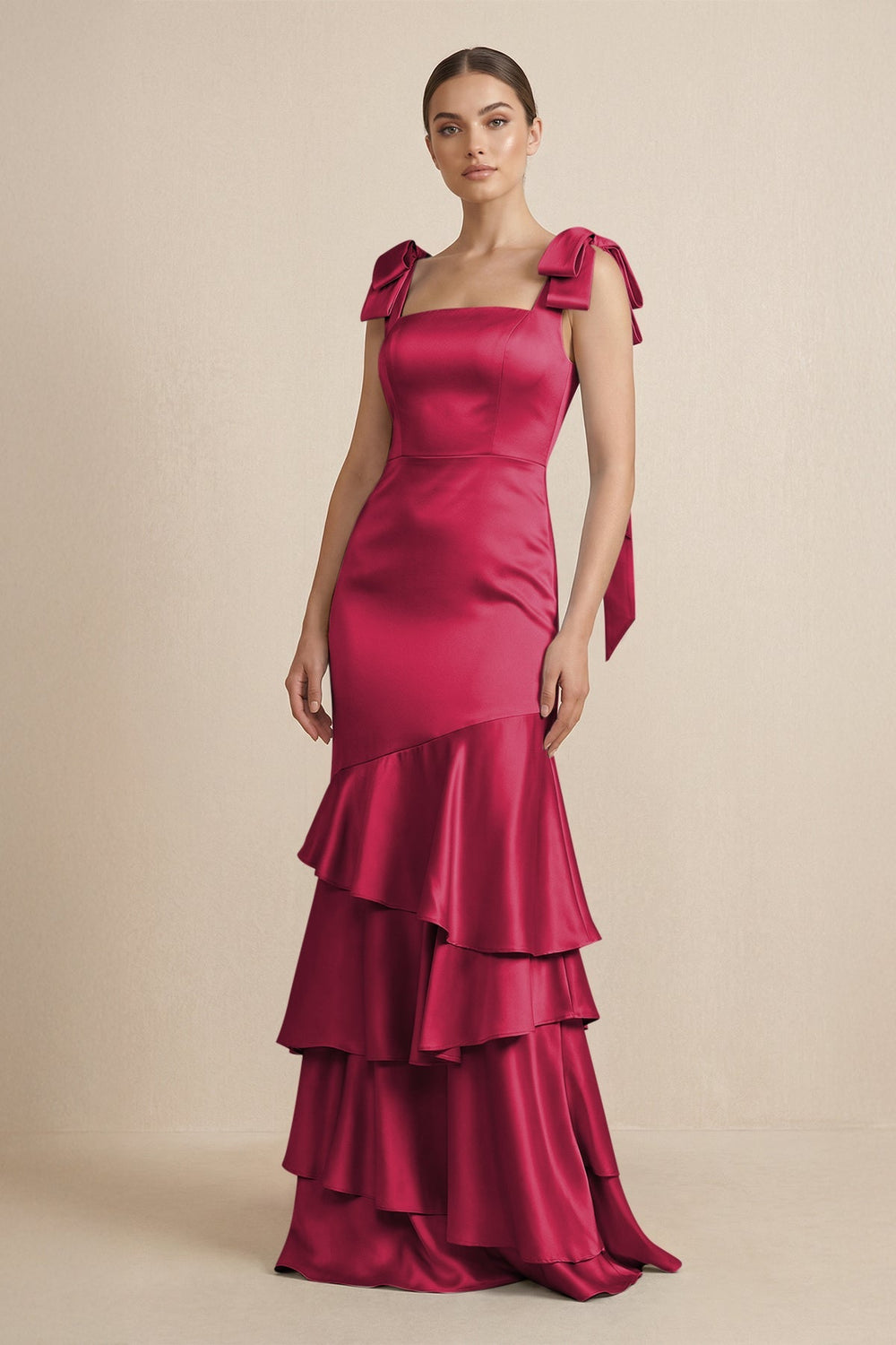Tiered Maxi Satin Bridesmaid Dress with Bow Straps in Burgundy