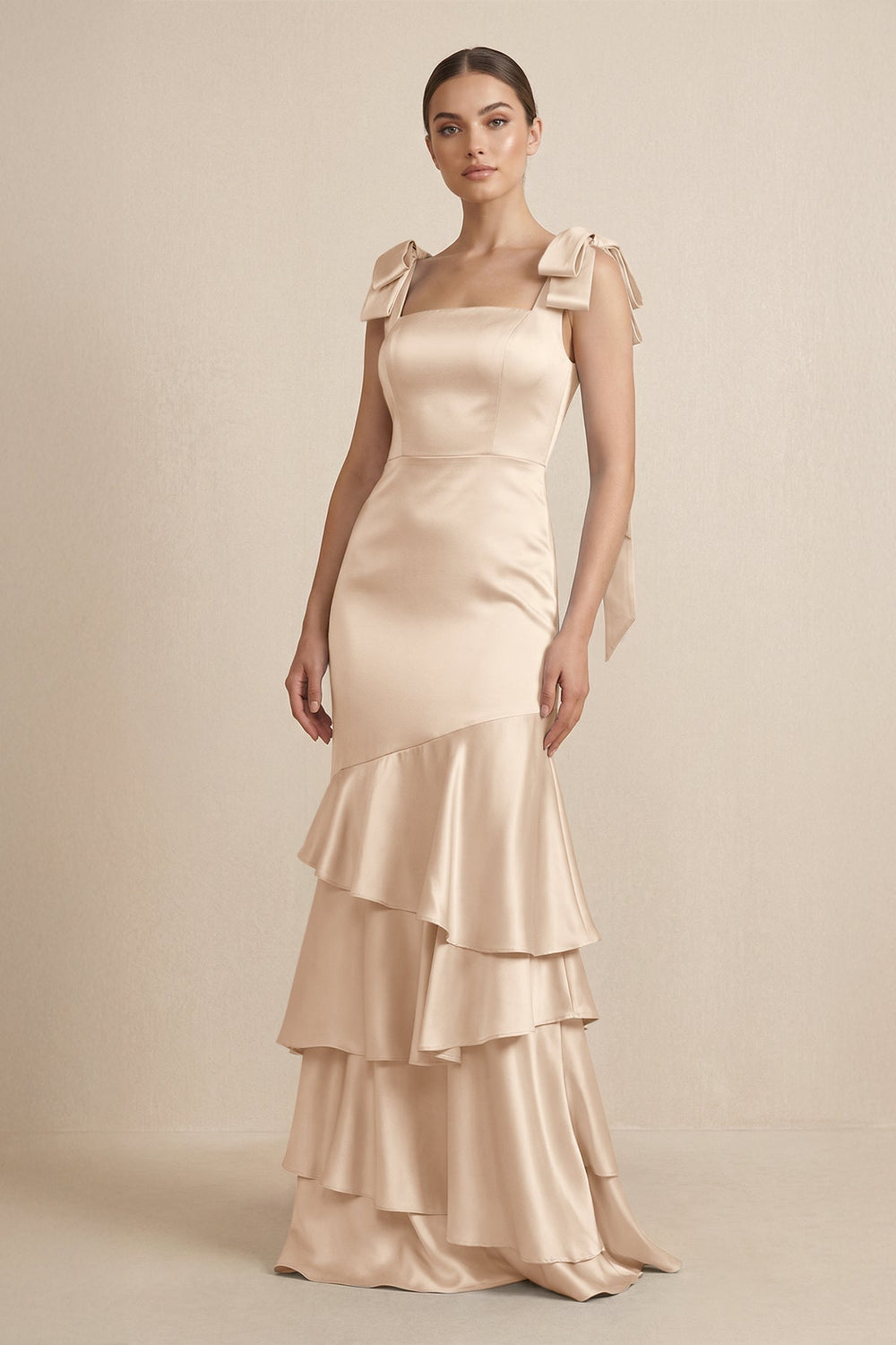 Tiered Maxi Satin Bridesmaid Dress with Bow Straps in Champagne