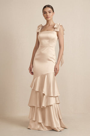 Tiered Maxi Satin Bridesmaid Dress with Bow Straps in Champagne - KISS BRIDAL Bridesmaid Dresses