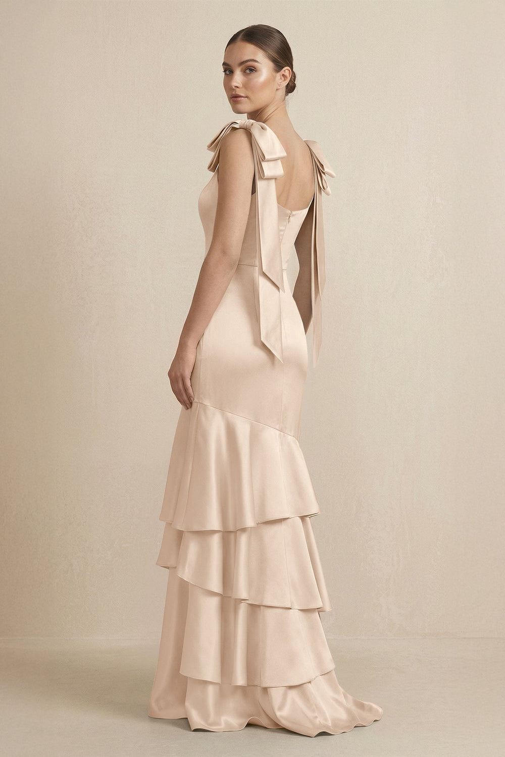 Tiered Maxi Satin Bridesmaid Dress with Bow Straps in Champagne