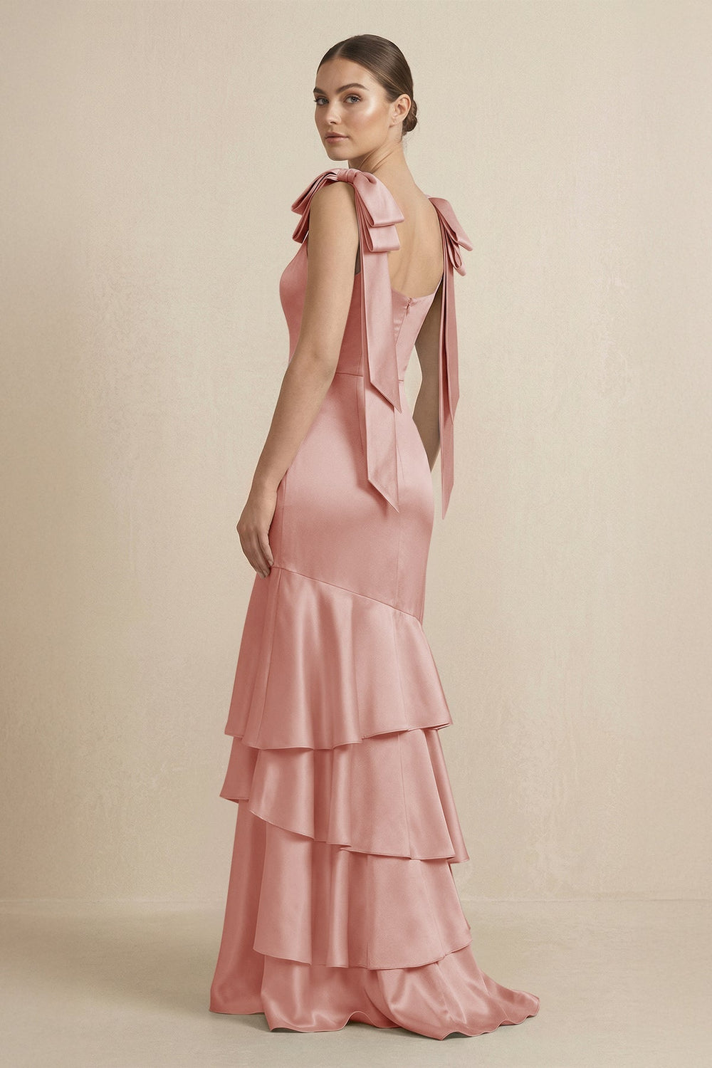 Tiered Maxi Satin Bridesmaid Dress with Bow Straps in Champagne Rose