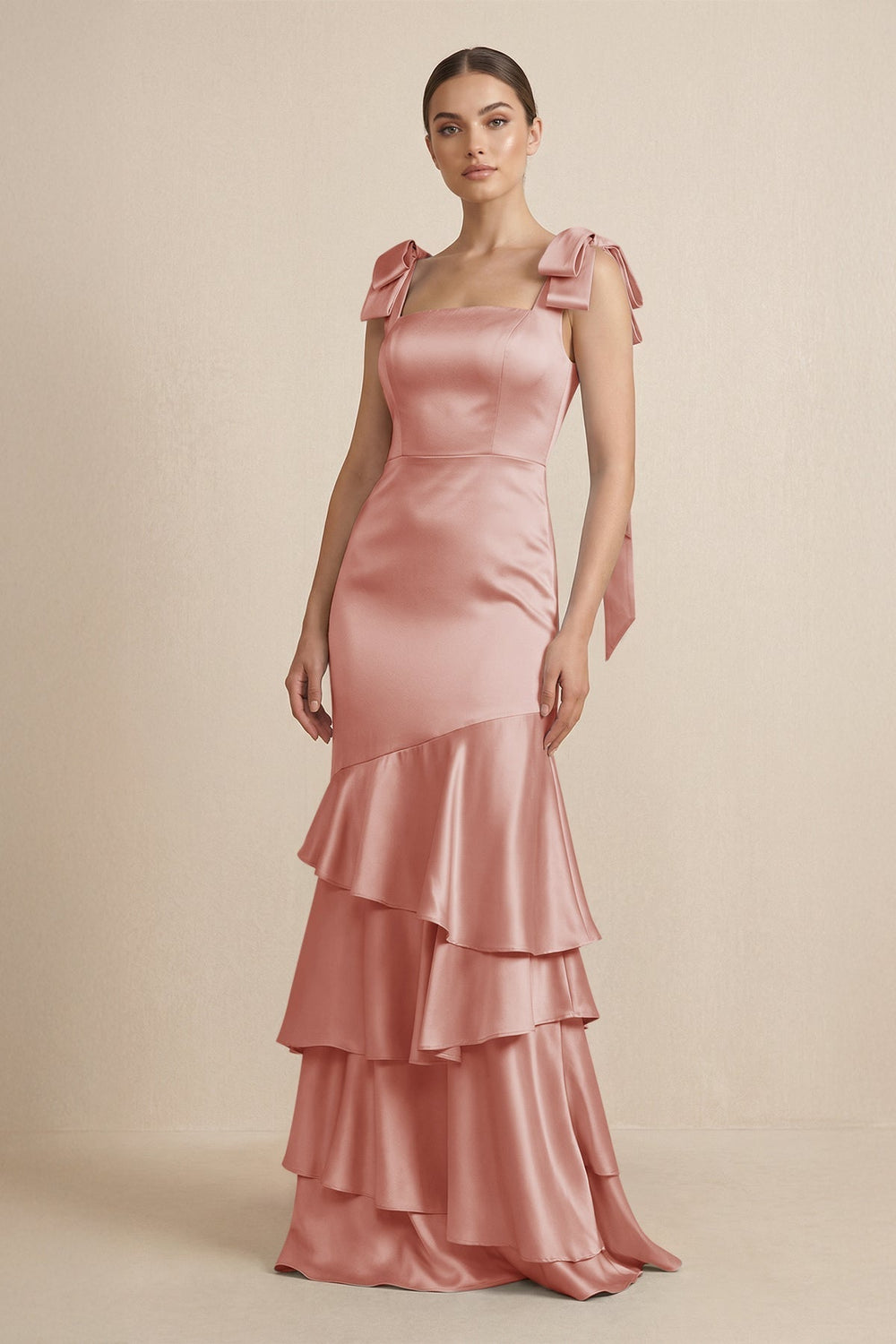 Tiered Maxi Satin Bridesmaid Dress with Bow Straps in Champagne Rose