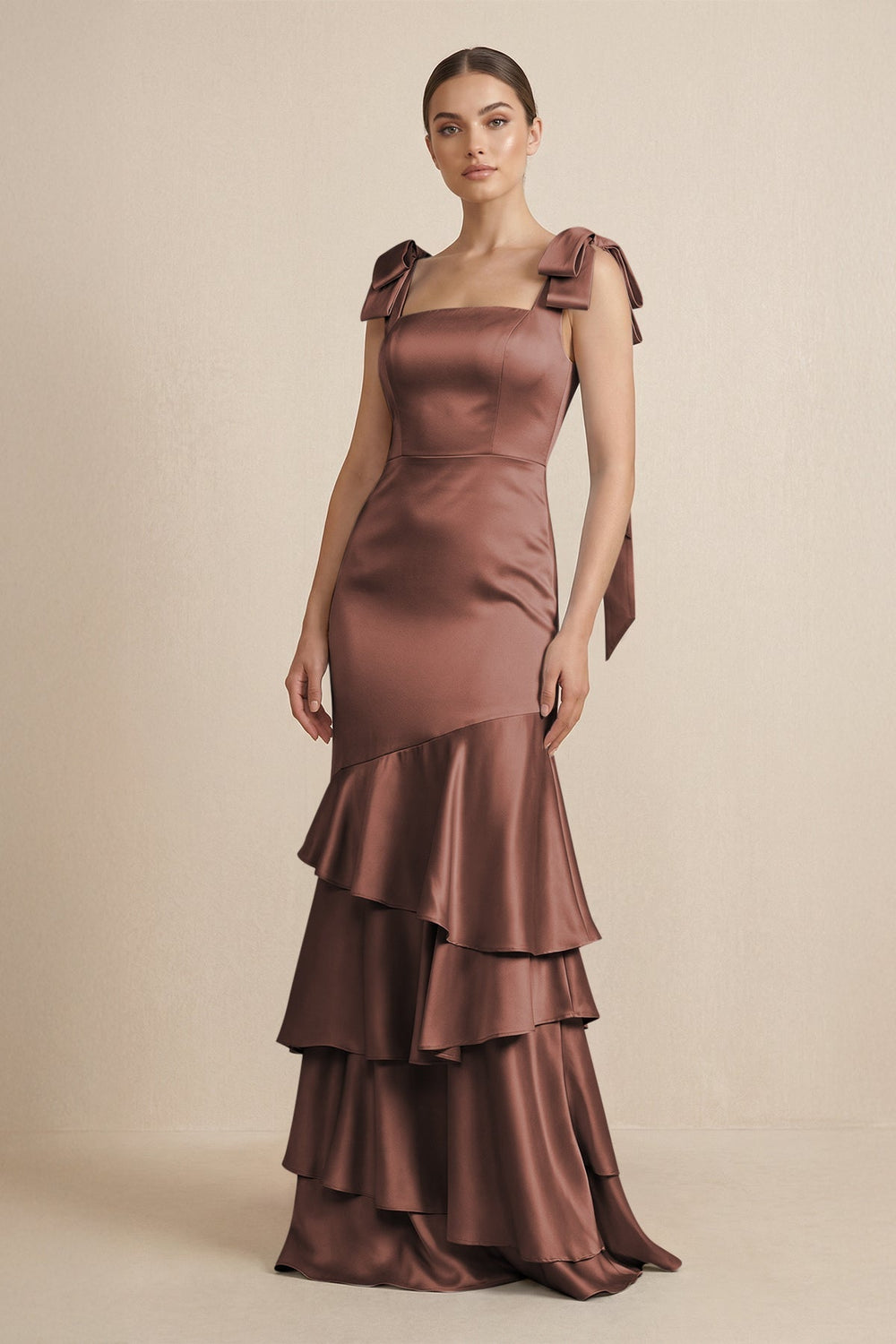 Tiered Maxi Satin Bridesmaid Dress with Bow Straps in Espresso