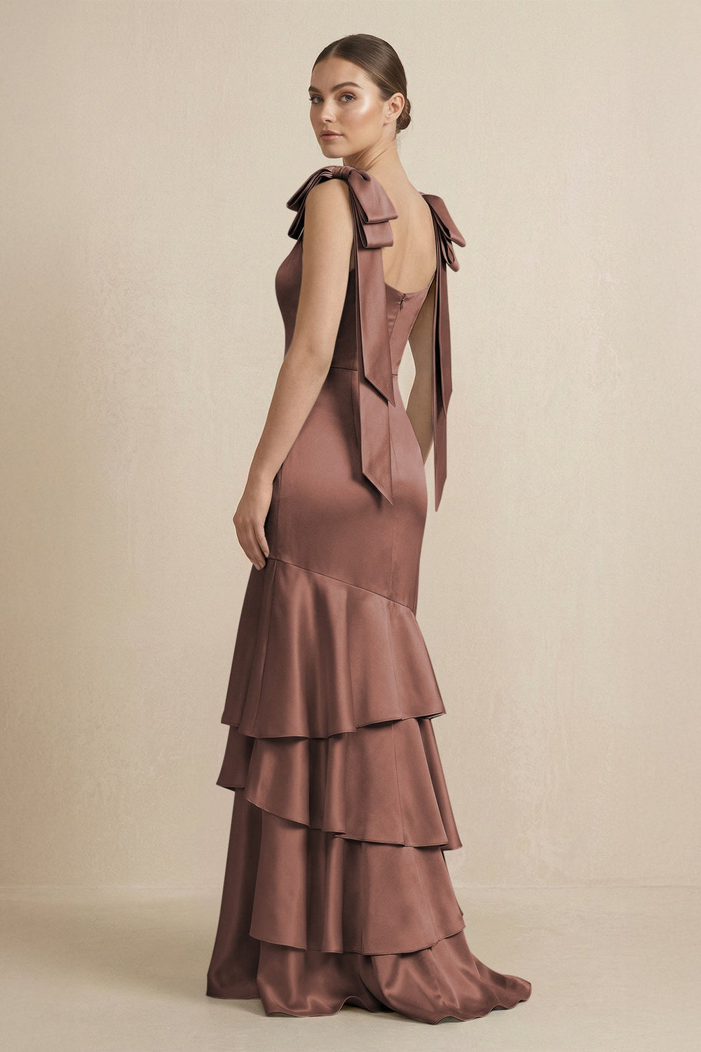 Tiered Maxi Satin Bridesmaid Dress with Bow Straps in Espresso