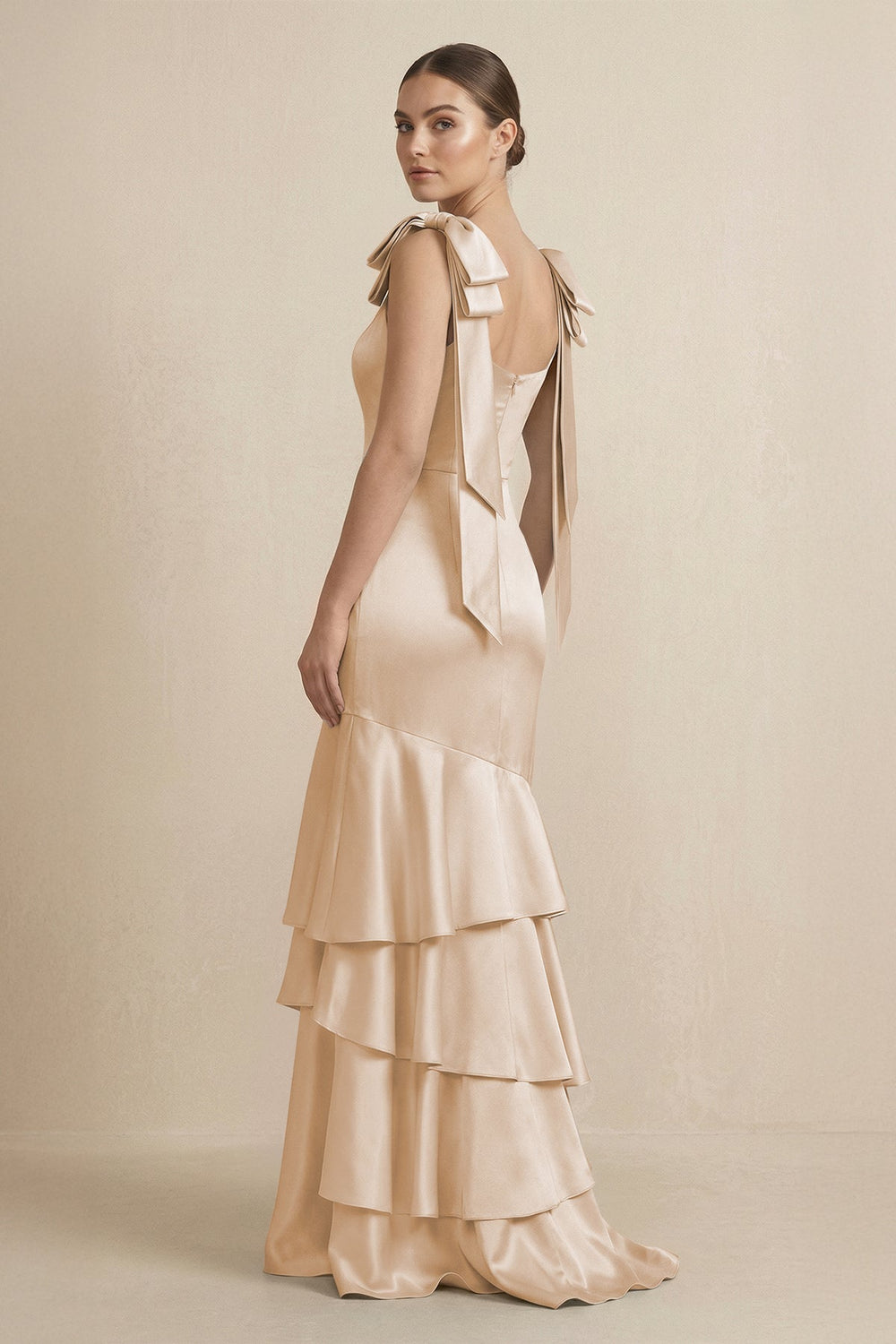 Tiered Maxi Satin Bridesmaid Dress with Bow Straps in Golden Champagne