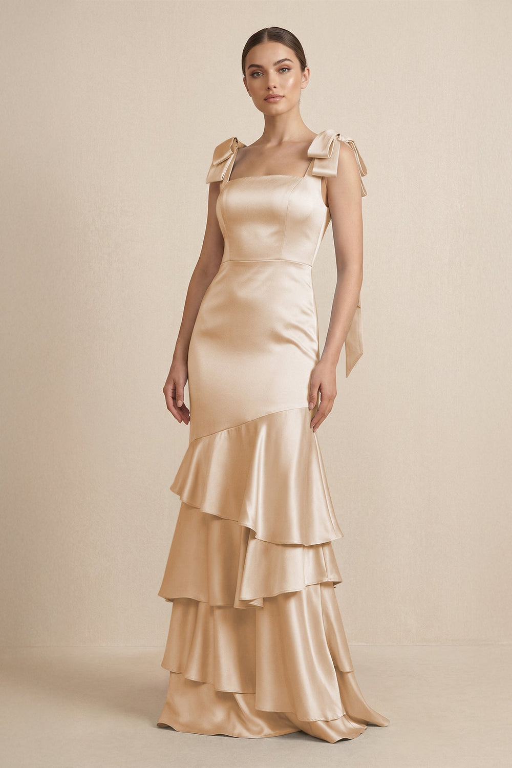 Tiered Maxi Satin Bridesmaid Dress with Bow Straps in Golden Champagne