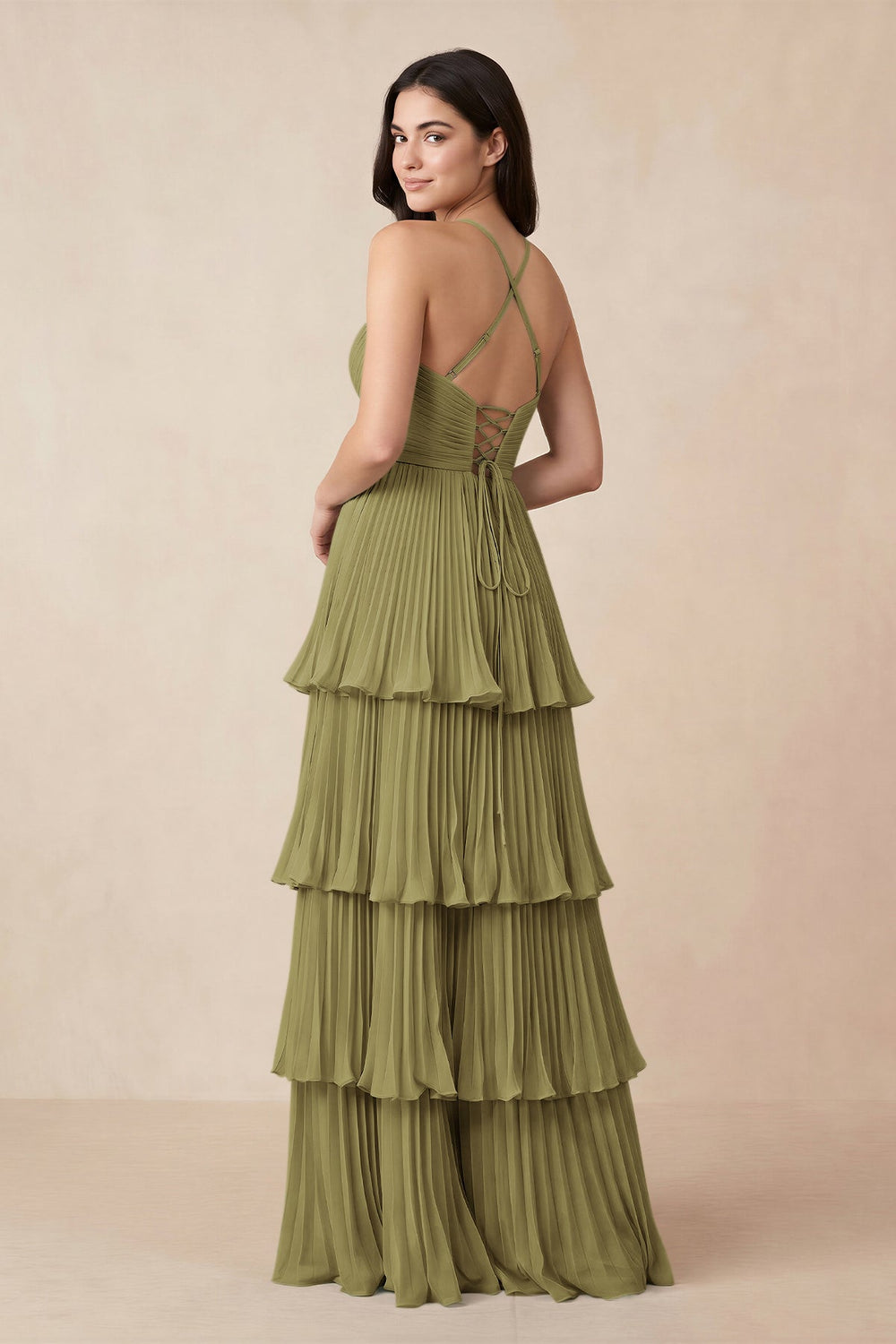 Tiered Pleated V-Neck A-Line Chiffon Bridesmaid Dress in Moss Green