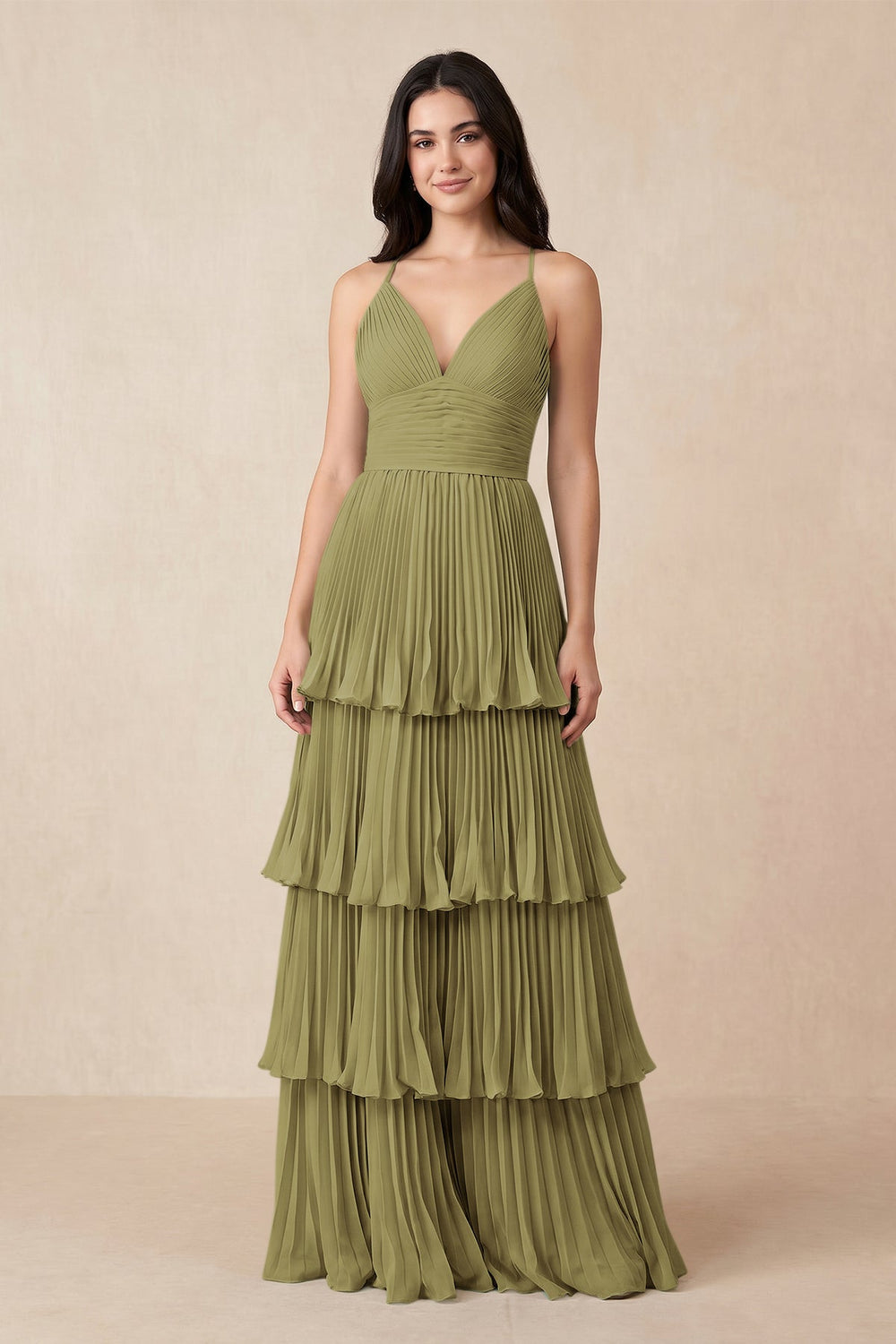 Tiered Pleated V-Neck A-Line Chiffon Bridesmaid Dress in Moss Green