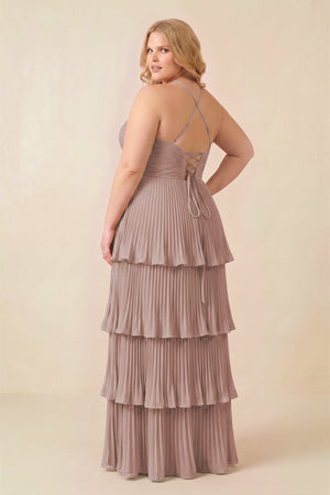 Tiered Pleated V-Neck A-Line Chiffon Bridesmaid Dress in Toffee (2) [sizeplus] | KISSBRIDAL