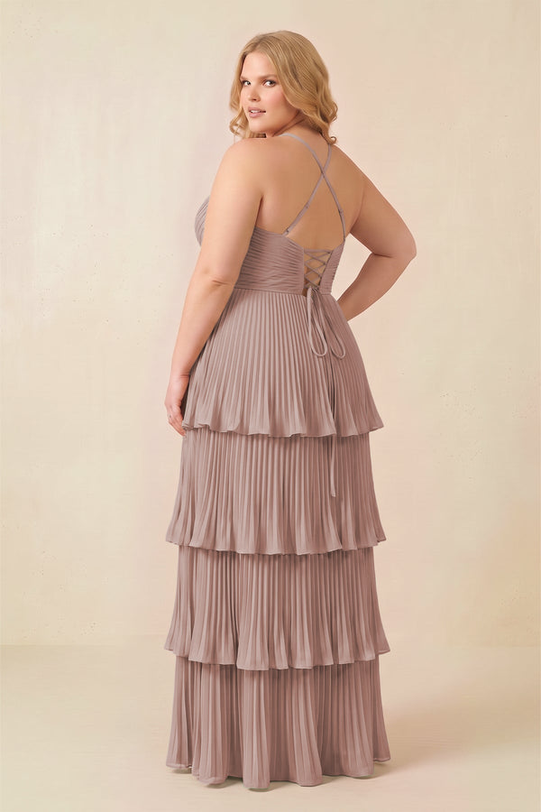 Tiered Pleated V-Neck A-Line Chiffon Bridesmaid Dress in Toffee (2) [sizeplus] | KISSBRIDAL