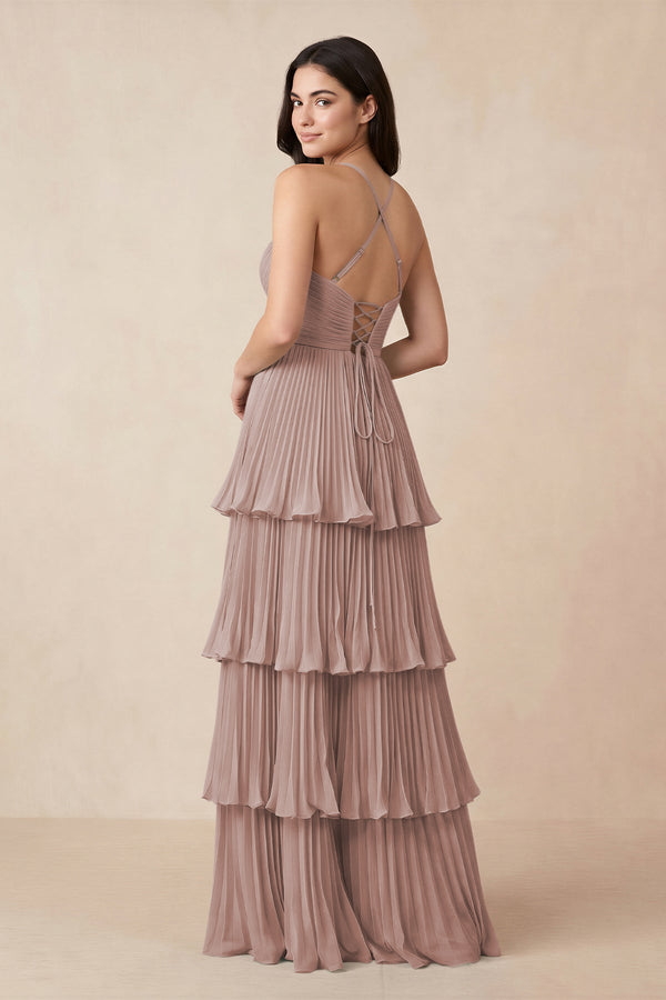 Tiered Pleated V-Neck A-Line Chiffon Bridesmaid Dress in Toffee (2) | KISSBRIDAL