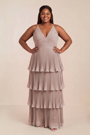 Tiered Pleated V-Neck A-Line Chiffon Bridesmaid Dress in Toffee (3) [sizeplus] | KISSBRIDAL
