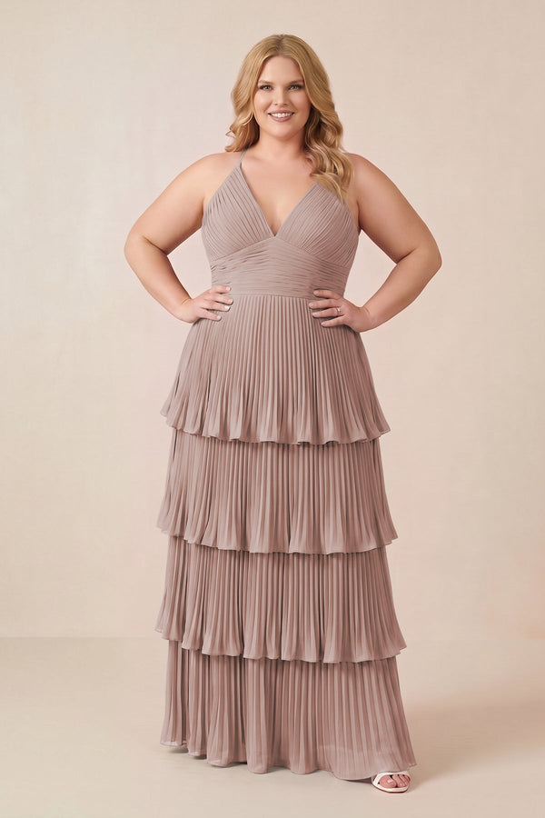 Tiered Pleated V-Neck A-Line Chiffon Bridesmaid Dress in Toffee [sizeplus] | KISSBRIDAL