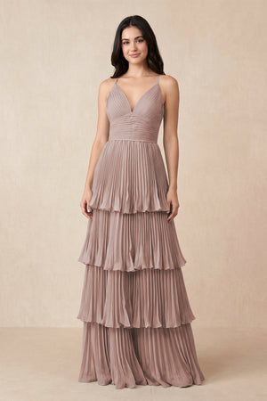 Tiered Pleated V-Neck A-Line Chiffon Bridesmaid Dress in Toffee | KISSBRIDAL