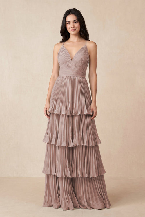 Tiered Pleated V-Neck A-Line Chiffon Bridesmaid Dress in Toffee | KISSBRIDAL