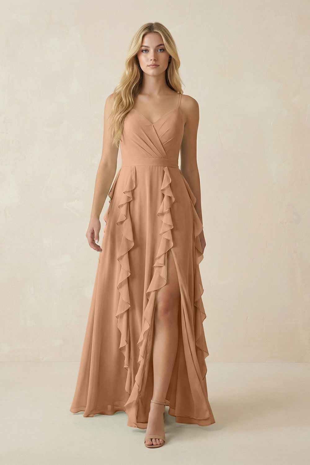 Tiered Ruffle A-Line Chiffon Bridesmaid Dress in Bronzer