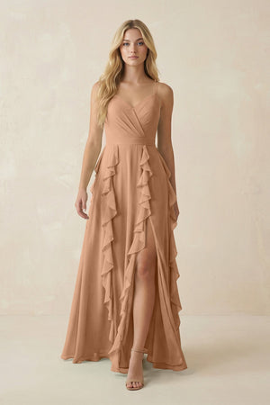 Tiered Ruffle A - Line Chiffon Bridesmaid Dress in Bronzer - KISS BRIDAL Bridesmaid Dresses