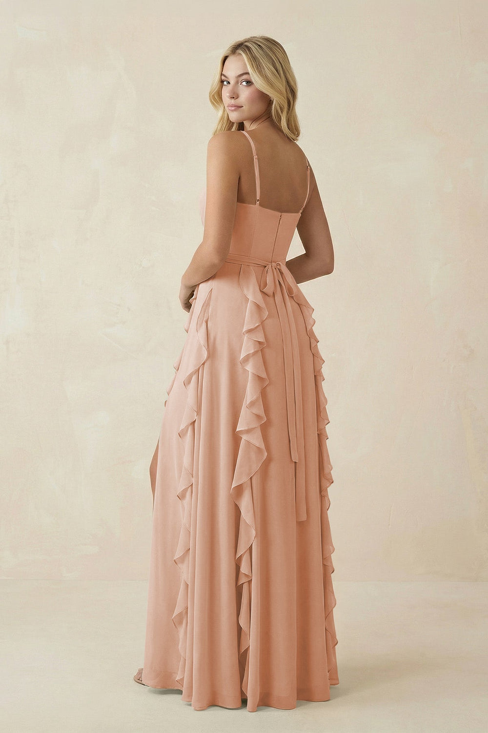 Tiered Ruffle A-Line Chiffon Bridesmaid Dress in Champagne Rose