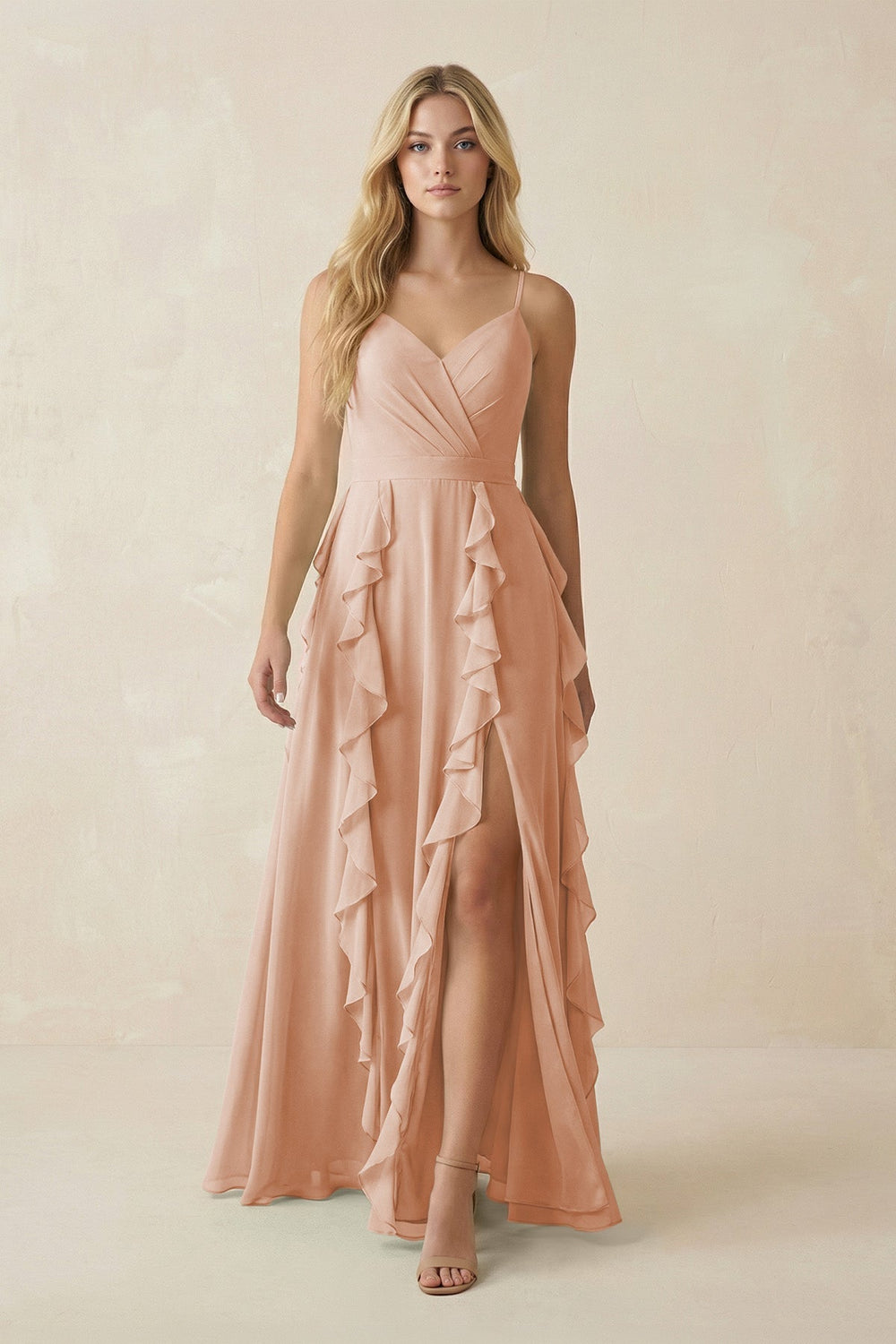 Tiered Ruffle A-Line Chiffon Bridesmaid Dress in Champagne Rose