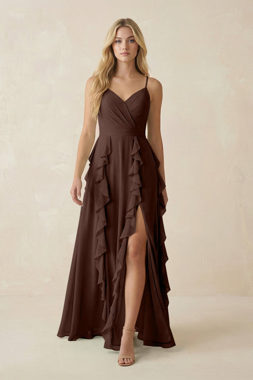 Tiered Ruffle A - Line Chiffon Bridesmaid Dress in Espresso - KISS BRIDAL Bridesmaid Dresses