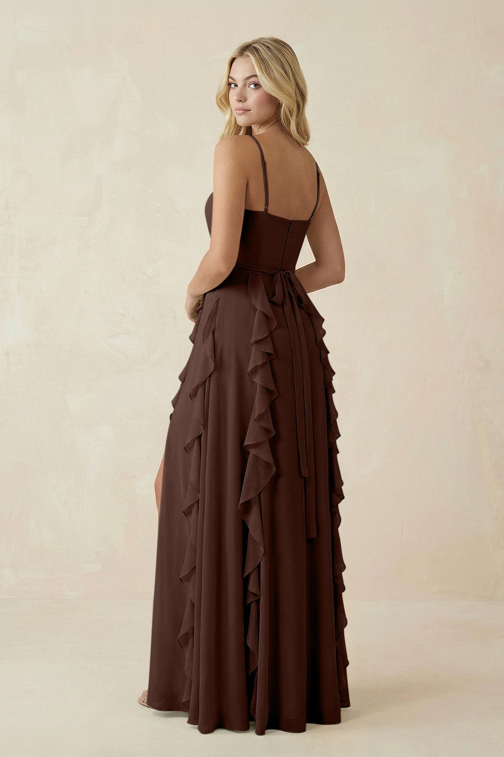 Tiered Ruffle A-Line Chiffon Bridesmaid Dress in Espresso