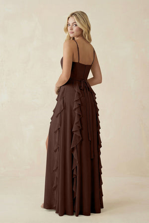 Tiered Ruffle A - Line Chiffon Bridesmaid Dress in Espresso - KISS BRIDAL Bridesmaid Dresses