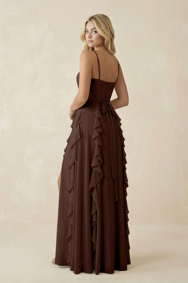 Tiered Ruffle A - Line Chiffon Bridesmaid Dress in Espresso - KISS BRIDAL Bridesmaid Dresses