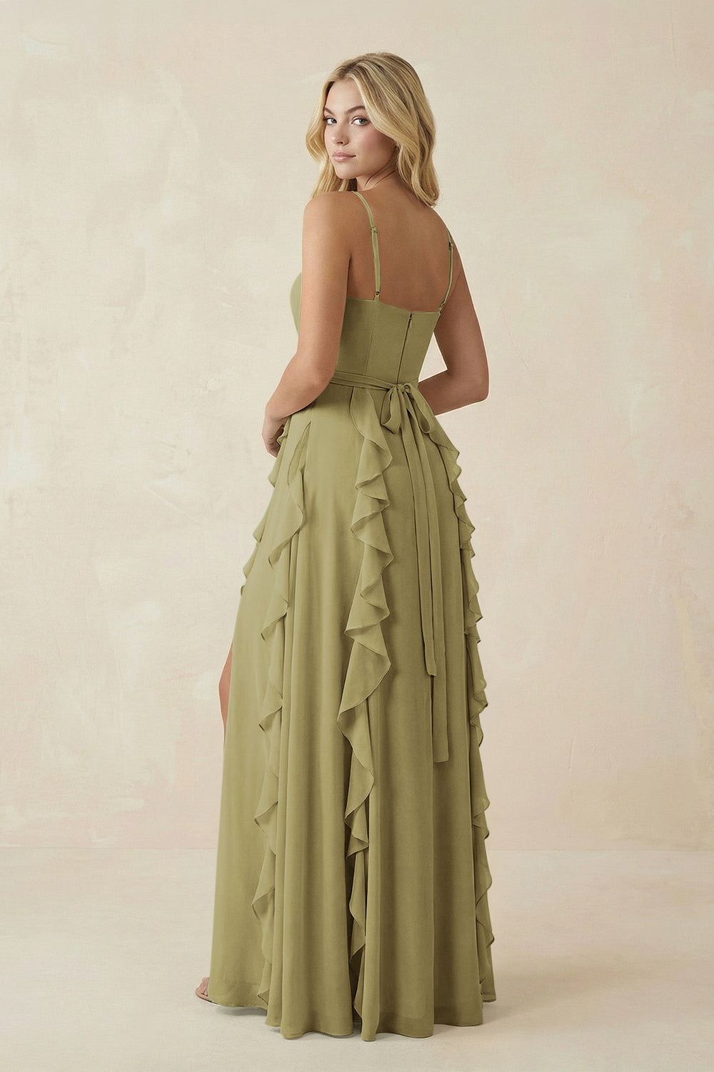 Tiered Ruffle A-Line Chiffon Bridesmaid Dress in Moss Green