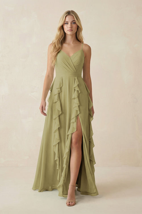 Tiered Ruffle A-Line Chiffon Bridesmaid Dress in Moss Green | KISSBRIDAL