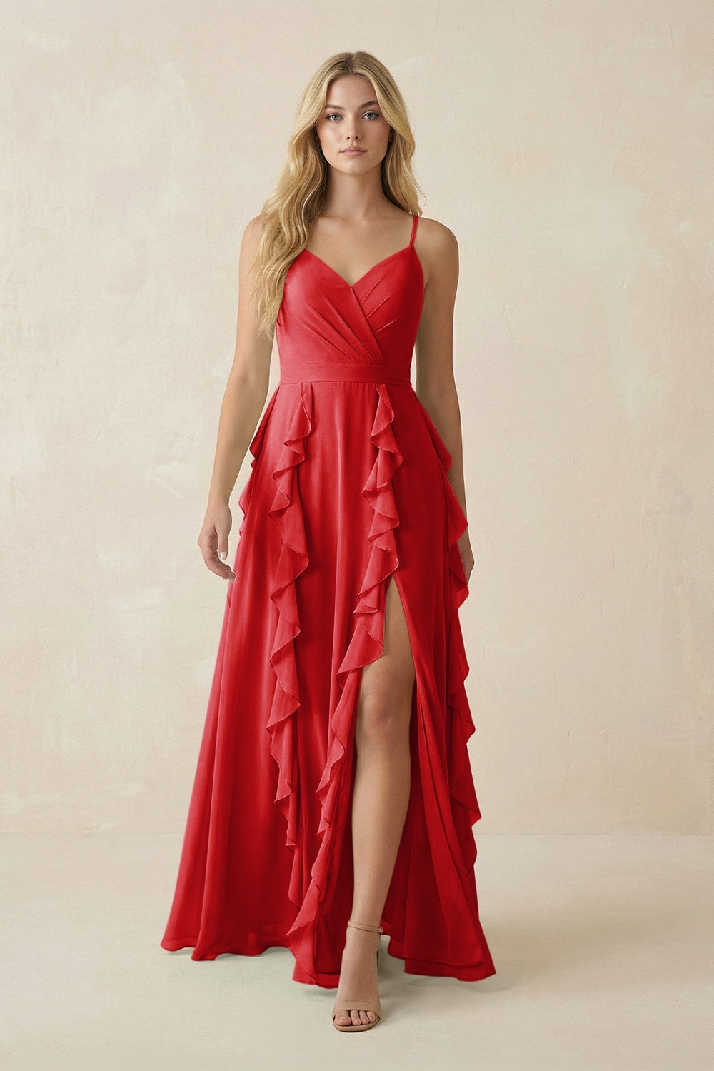 Tiered Ruffle A-Line Chiffon Bridesmaid Dress in Ruby Red