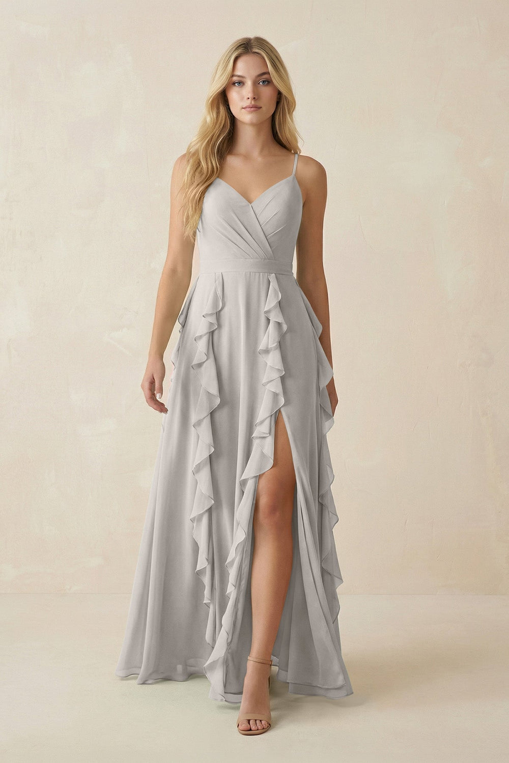 Tiered Ruffle A-Line Chiffon Bridesmaid Dress in Silver