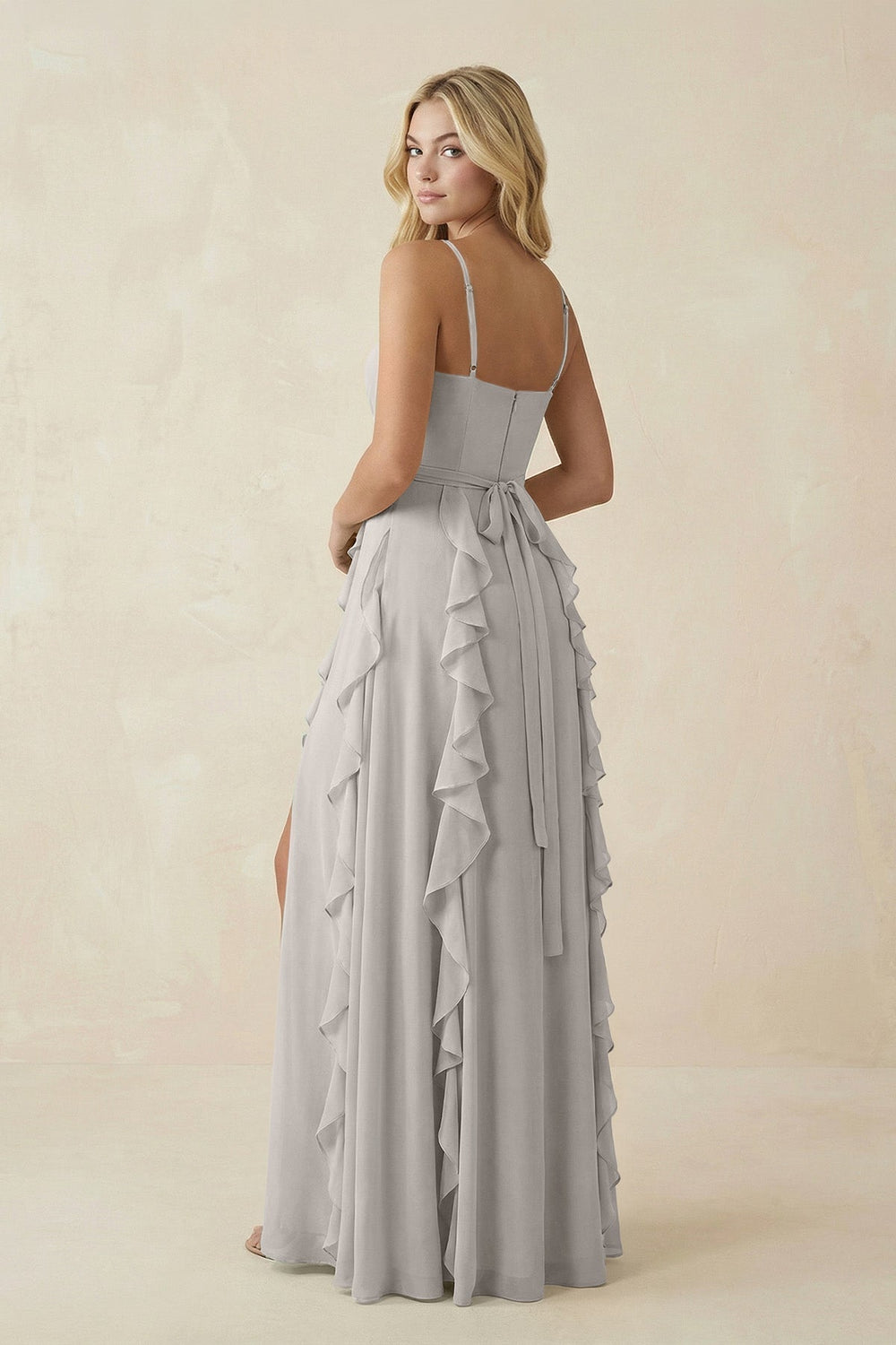 Tiered Ruffle A-Line Chiffon Bridesmaid Dress in Silver