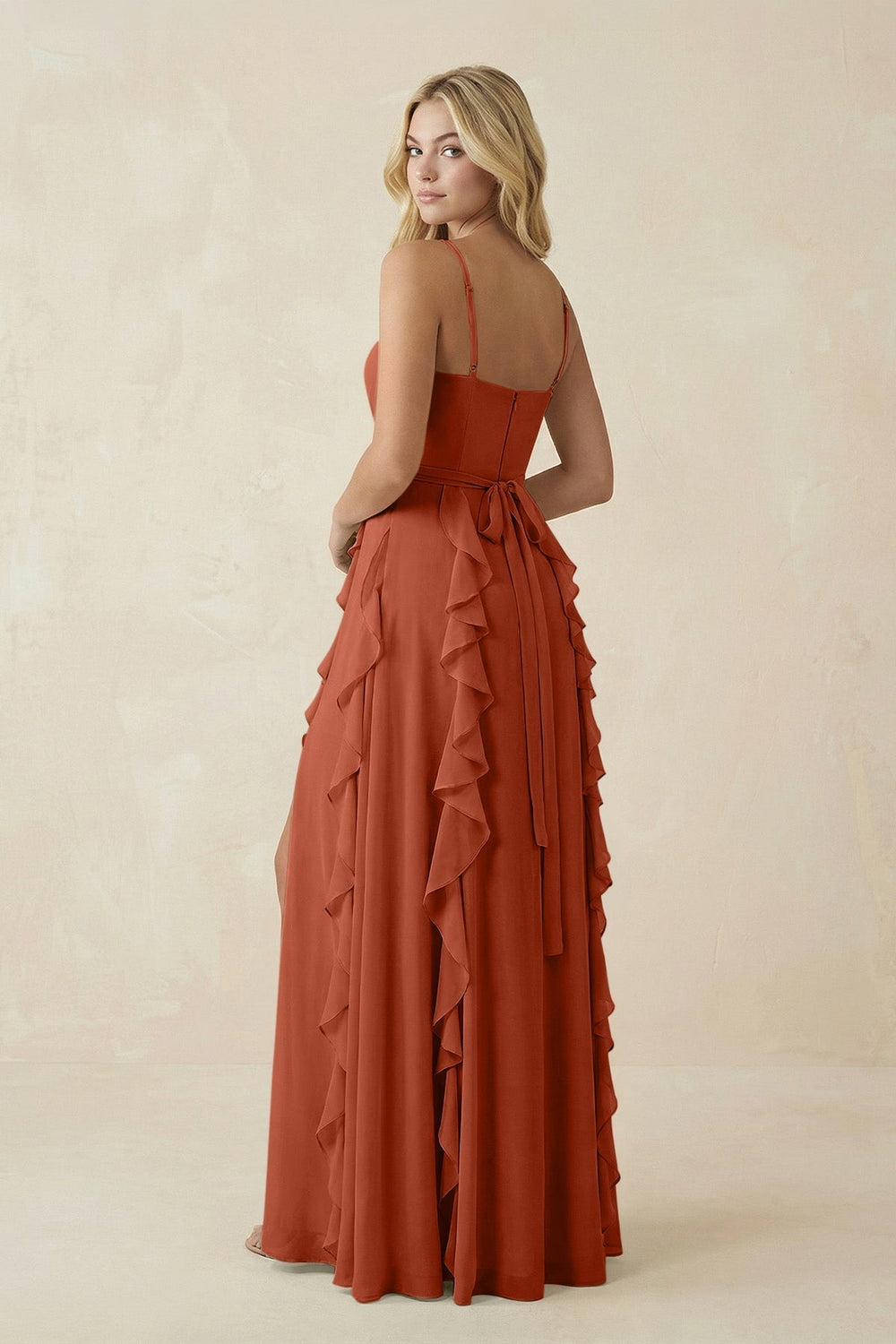 Tiered Ruffle A-Line Chiffon Bridesmaid Dress in Spice