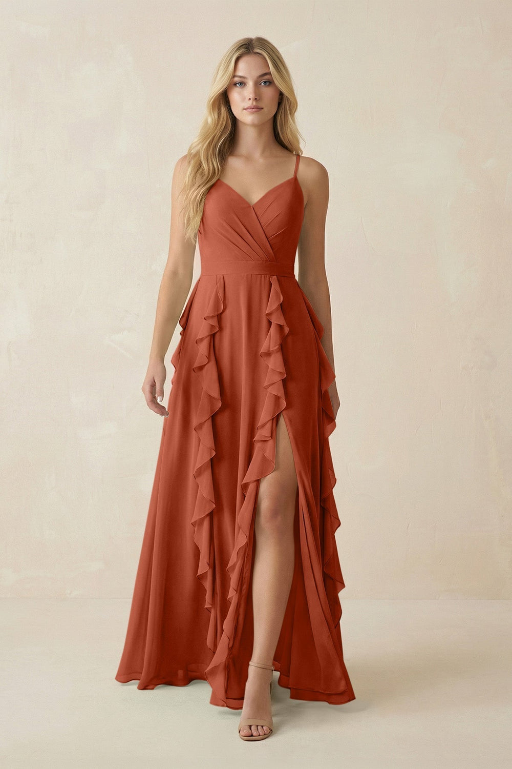 Tiered Ruffle A-Line Chiffon Bridesmaid Dress in Spice